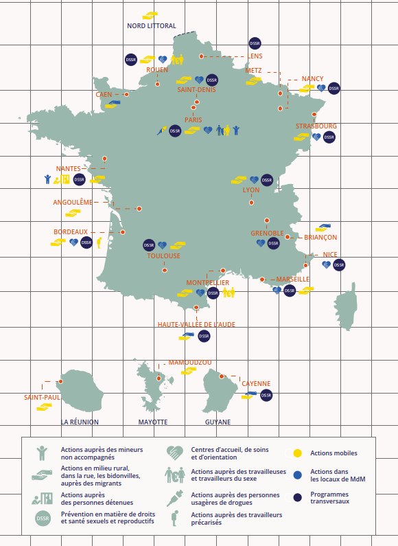 Localisation des centres de santé de Médecins du Monde en France (2024)