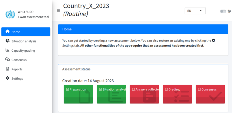 Home page of the WHO EURO EWAR digital assessment application